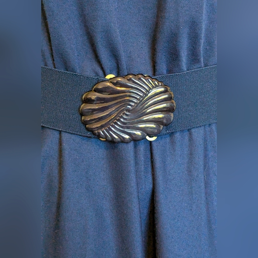 Vintage Act III women's dress size 14 midi belt high neck flair navy blue retro - Picture 2 of 5